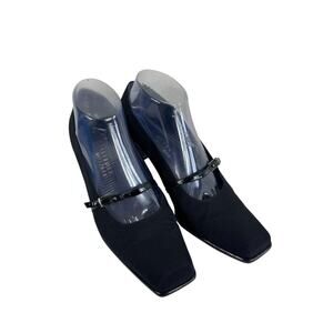 Stuart Weitzman Vintage Black Square Toe Block Heel Buckle Shoes Size 8B